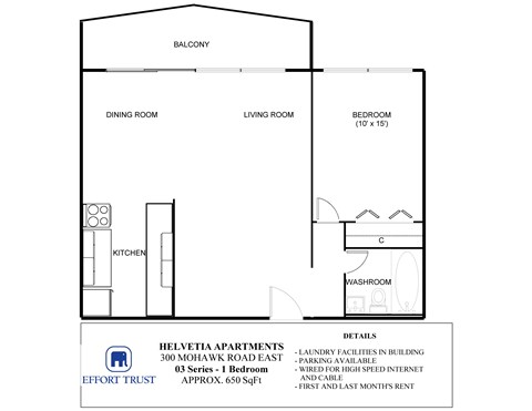 A floor plan for the Helvetia Apartments shows a bedroom, a living room, a dining room, a kitchen, a balcony, and a laundry facility.